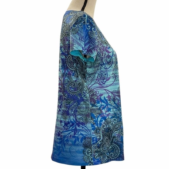 APPROPRIATE Behavior Multi-tone Blue Striped Paisley Print Short Sleeve Blouse - Picture 4 of 10